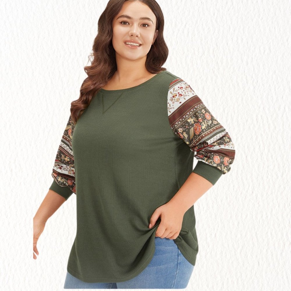 NWT 4X 26W Boho Print Waffle Crew Neck Sweatshirt Army Green Summer